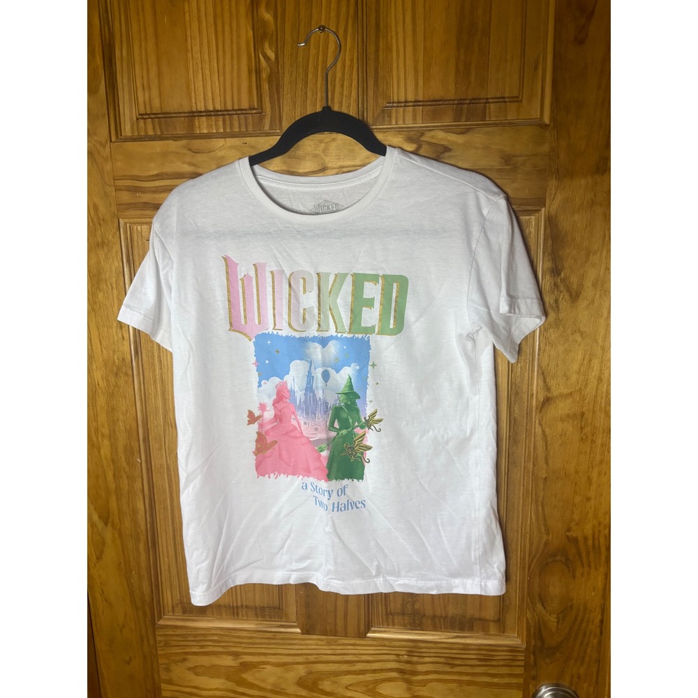 Wicked Musical Graphic T-Shirt Womens XL White Glinda Elphaba Story of 2 Halves
